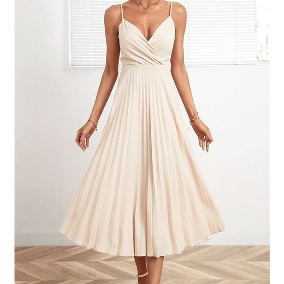 Ivory Pleated Midi Dress Med 8 10 - Picture 1 of 6